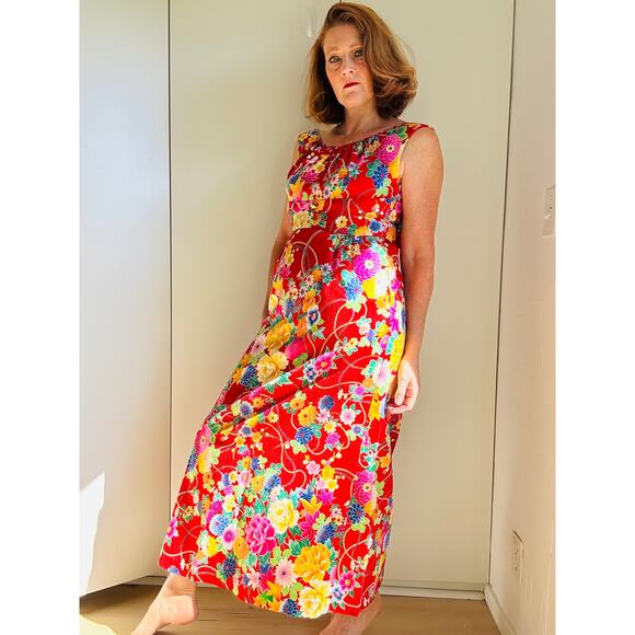 Vintage Andrade Womens Hawaiian Dress Size Sm4-6 Red Floral Tropical Print Maxi - Picture 9 of 11